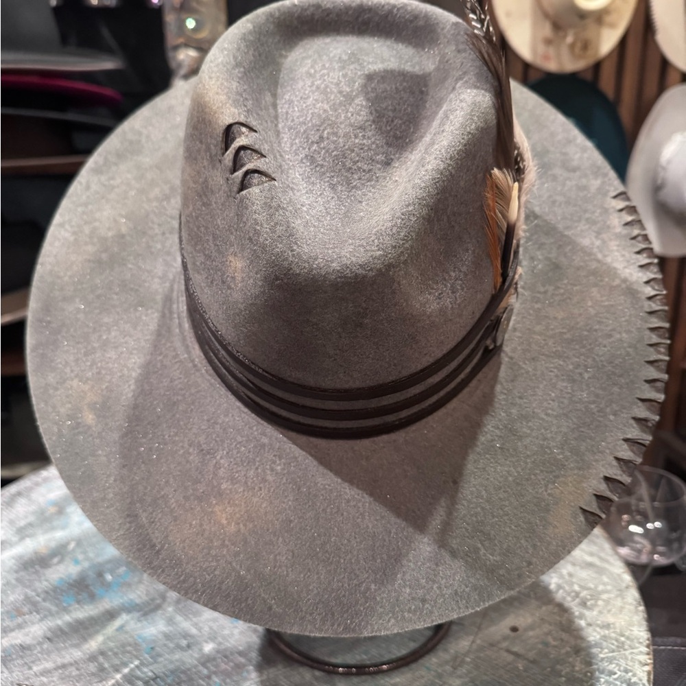 The Landry - Custom Grey Felt Flat Brim with leather and Feather Accents